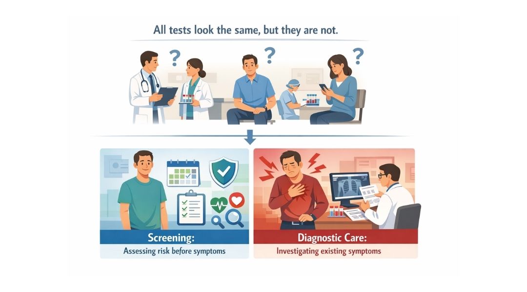 Difference between screening before symptoms and diagnostic care after symptoms