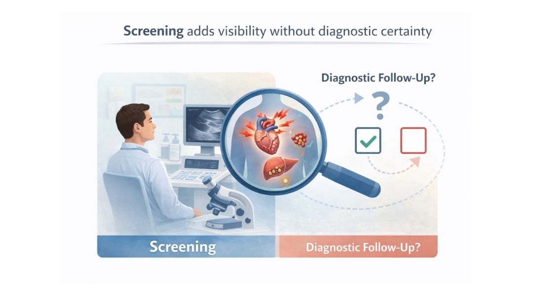 Diagram illustrating how screening adds visibility without providing diagnostic certainty