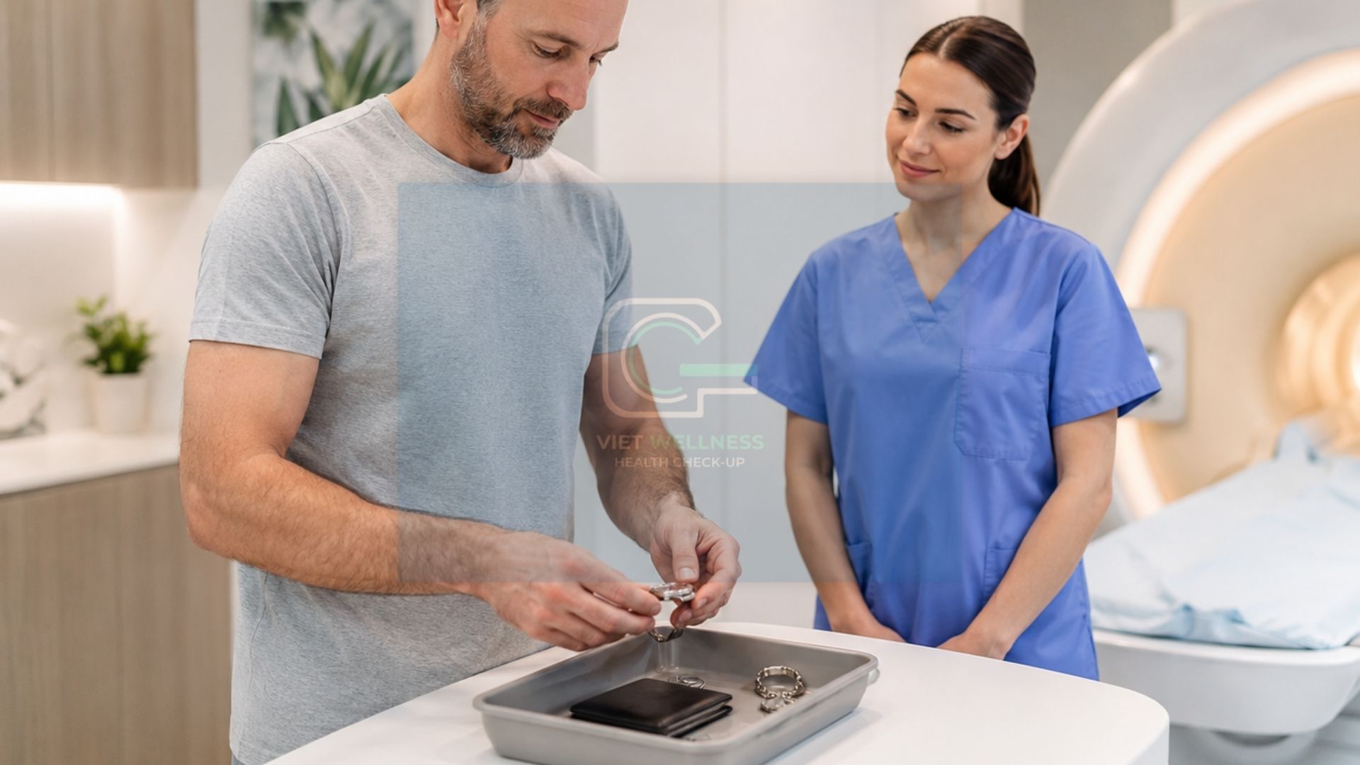 Patient preparing for MRI safety screening before a whole-body MRI scan